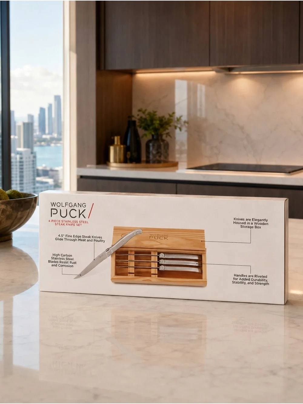 Wolfgang Puck 4-Piece Stainless Steel Steak Knife Set - Silver with Wooden Box